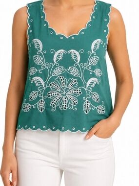 Christian Siriano Embroidered Teal Green Scallop-Edge Top. Summer, Boho Cottage